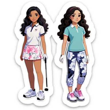  one  girl with black hair and white skin with golf clothes on, one Asian girl with workout pants and wavy mid lengthblack hair, and one American girl with long curly dirty blond hair and a floral dress on. All three are teens. They are all friends sticker