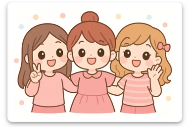 three girl best friends, cute cartoon style, upper body only, pink outfits, big smiles, playful mood sticker