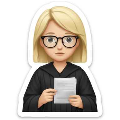 Young judge, blonde hair with glasses and robe, hold a paper sticker