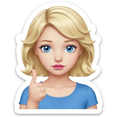 Girl Blonde short wavy hair,  blue eyes, cute blue top, long lashes, pink lips, thumbs down  sticker