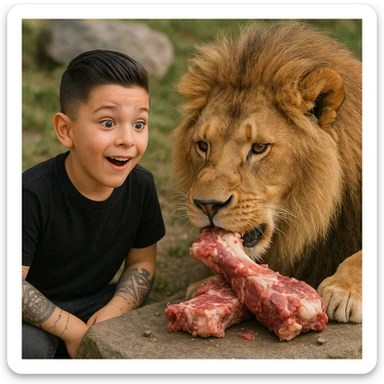 Create a realistic image of a boy with the face and appearance of the person in the reference photo, looking amazed at a lion and its feeding. The lion is near typical food of its diet (raw meat, bones). The boy shows an expression of wonder and curiosity. The tone is natural and positive. sticker