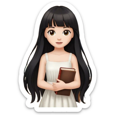Beautiful white girl, with dark very long hair with bang, wearing white dress, holding 5 books sticker