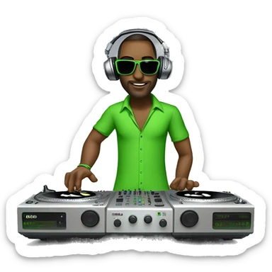 tall dj man with long luscious hair, shades, headphones and an electric green shirt on that says “365”, on a mixer turntable sticker