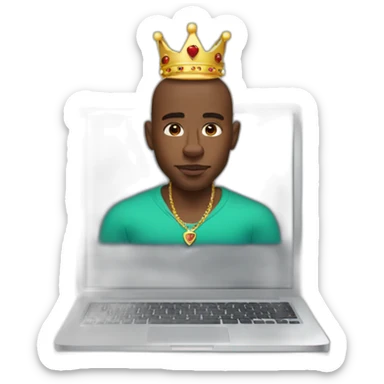 black man wearing crown behind laptop with pitbull on lap sticker