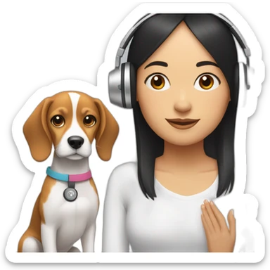 A woman with black long hair, doing yoga next to a beagle with headphones sticker