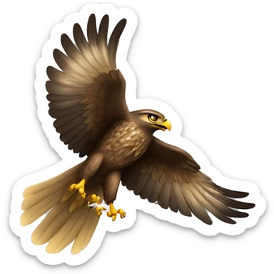 A hawk taking flight, holding in its talons a small golden horseshoe open at the top, a cross between its arms  sticker