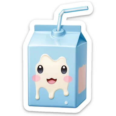 Cute Kawaii Milk Carton, small and boxy, bright pastel blue and white, blushing cheeks, a tiny straw poking out, soft glowing highlights, adorable farm-fresh cuteness! sticker