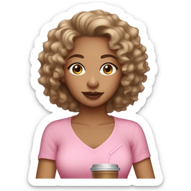 Light skin girl with curly hair wearing a pink shirt drinking iced coffee sticker