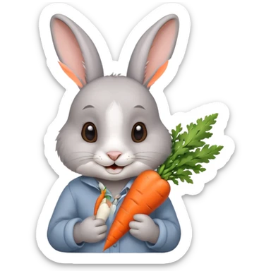 Gray rabbit holding carrot, cute smile, half body sticker