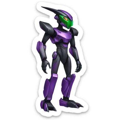 a shiny black-green-purple Genesect-Raptor-Fakémon-Medabot-hybrid with a futuristic visor-helmet full body sticker
