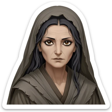 Mirri Maz Duur is a weathered, age 50 Lhazareen woman with deep-set dark eyes, high cheekbones, and a sharp nose, giving her a stern, knowing expression. Her long, unkempt dark hair streaked with gray falls loosely over her shoulders, and her earth-toned, tattered robes mark her as a humble healer. Despite her frail appearance, she exudes an aura of mystery and menace, her hands stained with herbs and blood from both healing and dark sorcery. sticker