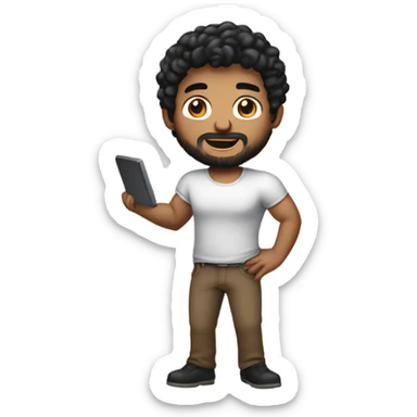 men holding his computer in hands. light brown skin men with curly black hair, dark brown eyes, little grown beard. ust a tiny bit muscular. dressed casual. round face. sticker