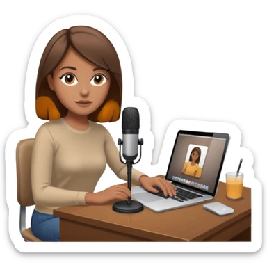 tanned brown hair woman, sat at desk with MacBook, podcast microphone bleige top and beige, sexy, glass table sticker