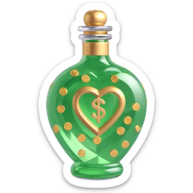 3D heart-shaped bottle with diamond effect, main color luxurious #c0ff53 green, many gold details, inside money motif (euros), very luxurious sticker