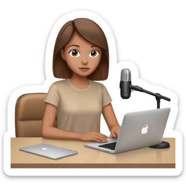 tanned brown hair woman, sat at desk with MacBook, podcast microphone bleige top and beige, sexy, glass table sticker