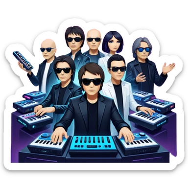 Icon for Electronic Music: Jean-Michel Jarre, Moby, DJ Tiesto, and Jorn van Deynhoven performing with synthesizers, turntables, and futuristic lighting effects. The design should evoke the vibrant and immersive atmosphere of electronic music festivals. Transparent background. sticker