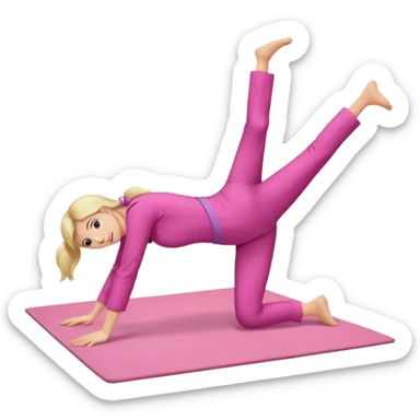 A fair-haired girl in a pink suit does a back bridge on a mat sticker