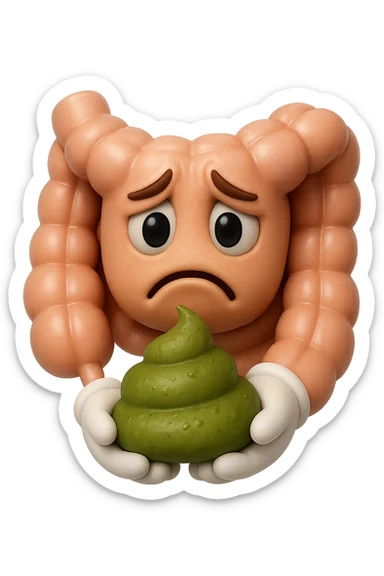 emoji stile iphone 3d di un intestino con espressione triste con cacca verde e liquida in mano , iperrealistiche 4k sticker