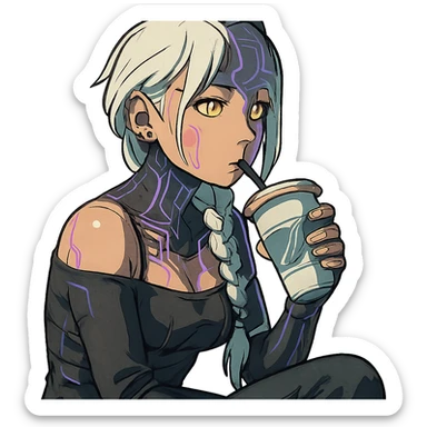  she is sipping a delicious tea drink, a closeup portrait of young woman with gold yellow eyes, white hair, long braid, black off-shoulder top d-cup, punk gothic style, futuristic cyberwave cyberpunk, sitting position
 sticker
