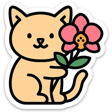 cat holding a spring orchid, lineal color icon with black outlines sticker