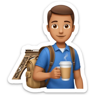 man with cup of coffee and backpack on the back. Eiffel tower on the background sticker