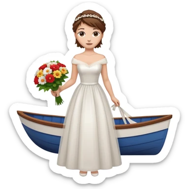 Chica blanca,cuerpo entero, vestido boda cuello barco, pelo castaño,   1 ramo de flores , pelo recogido con mechones sticker