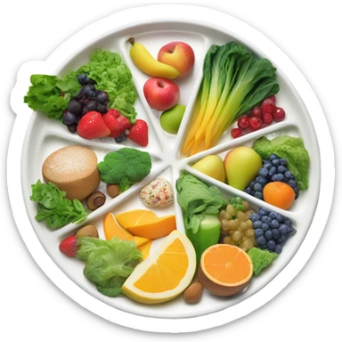 A large white round plate of healthy food sticker