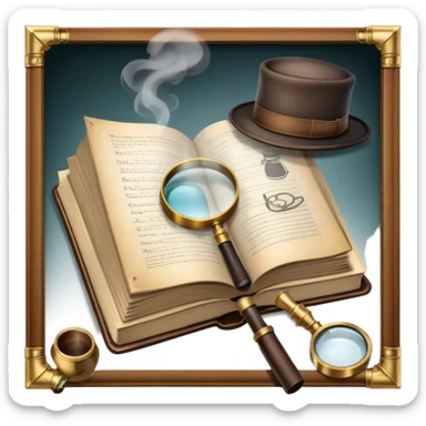 Icon for Detective Reading: an open book with a magnifying glass, a detective’s hat, and a notebook with clues, surrounded by dark shadows and mysterious elements like footprints and a smoking pipe. Transparent background. sticker