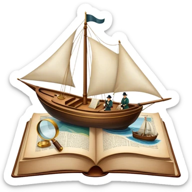 Icon for Reading Fiction: a large open book with pages turning, a sailboat sailing across the pages, Musketeers on horseback, Sherlock Holmes with a magnifying glass, and other literary elements. The icon should evoke the adventurous spirit of storytelling. Transparent background. sticker