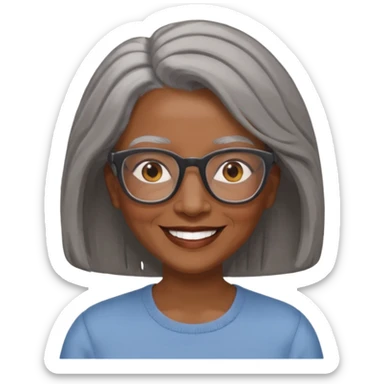 Older woman of color with gray shoulder length  hair and glasses and smiling sticker