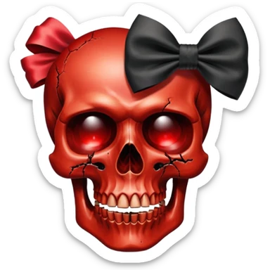 make me a red crystal skull partly see thew super gem like make it realistic and held together by a big black bow super realistic skull cracking all over the eyes are black and rotting  sticker