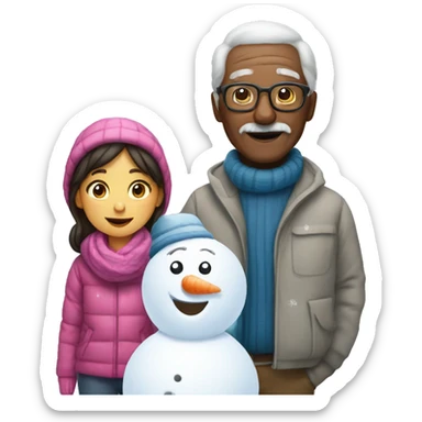 girl and grandpa building a snowman together sticker