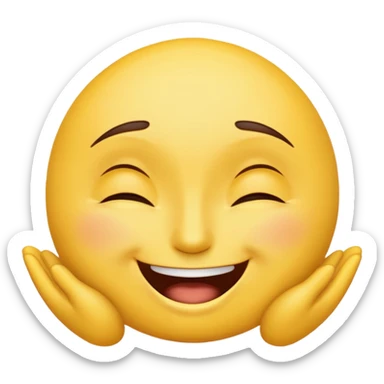 classic yellow emoji face with eyes closed, eyebrows pointing upwards, upper teeth showing in a wide smile sticker