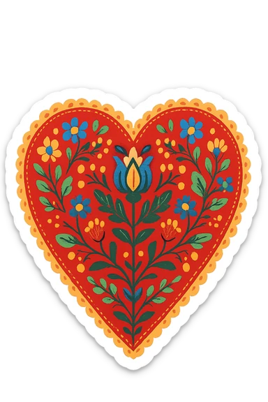 red heart with Scandinavian folk art nature motif, bright folk colors, intricate floral and leaf patterns, symmetrical, border around heart sticker