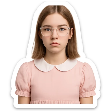 teen girl with clear glasses, shoulder length light brown hair, cute core style, straight face, no smile sticker
