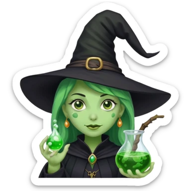 Witch with Green Skin – long-nosed witch in black hat holding potion sticker
