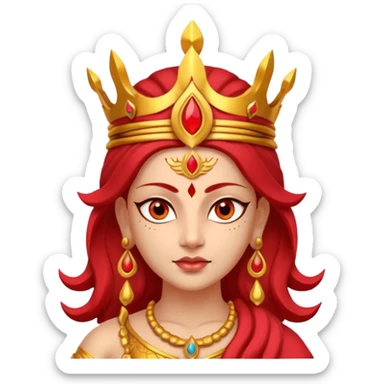 Hindu goddess Durga portrait, head and shoulders only, fierce warrior look, red and gold crown, powerful eyes, divine aura, 3D cartoon, mobile game icon style, clean background, no text, no watermark
 sticker