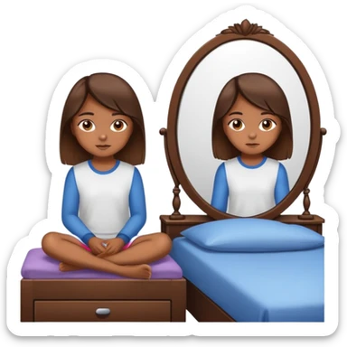 girl with brown eyes, straight brown hair sitting on the bed in front of the mirror sticker