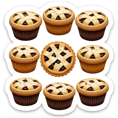 Baking community avatar in clean emoji-style illustration. Pies, cookies, and muffins grouped together, warm golden tones, simple shapes, flat design, high contrast, cozy and friendly. sticker