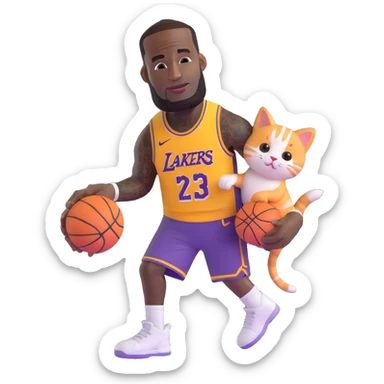 LeBron James handing a kitten and a basketball sticker