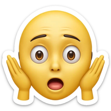 A 3D glossy yellow emoji of a shocked horrified face, with mouth and eyes are wide open, eyebrows  raised, and hands against their cheeks, face without nose, black background, high quality, soft studio lighting sticker