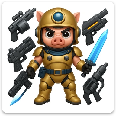Add more sci-fi weapons to the pig Helldiver, such as futuristic rifles, energy swords, or grenade launchers, in the style of emoji (apple style emojis). sticker