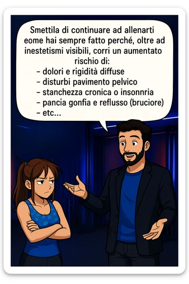 TRASFORMA QUESTO CAROSELLO IN UN FUMETTO STILE MANGA A COLORI CON QUESTE DUE PERSONE IDENTICHE CHE INTERLOQUISCONO TRA LORO:

LUI (UOMO): Smettila di continuare ad allenarti come hai sempre fatto perché, oltre ad inestetismi visibili, corri un aumentato rischio di:
    • dolori e rigidità diffuse
    • disturbi pavimento pelvico
    • stanchezza cronica o insonnia
    • pancia gonfia e reflusso (bruciore)
    • etc… sticker