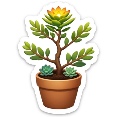 Close-up of a potted sapling in rich soil surrounded by vibrant plants and succulents. Bright sunlight filters through the window, casting soft shadows. Nearby gardening tools rest on a wooden table. Cozy indoor atmosphere with greenery and flowers. sticker