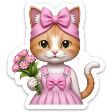 گربه‌ای که دستش یه دسته گل صورتی سفید باشه رو سرش پاپیون باشه و لباس صورتی سفید تنش باشه حالت بیلر داشته باشه و یه کادر کوچیک که نشونه فکر بالا سرش باشه sticker