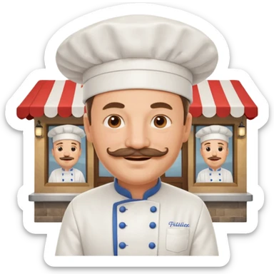 Est-ce que tu peux me faire un chef cuistot qui ressemble à Philippe Etchebest et qui est devant un restaurant? Est-ce que tu peux le faire souriant, avec une moustache de cuistot? 
 sticker