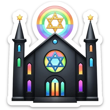 jewish synagogue temple in dark goth aesthetic style with black building and light rainbow tint glass windows and star of david and celestial symbolism sticker