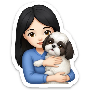 A girl with black hair hugging a Shih Tzu dog sticker