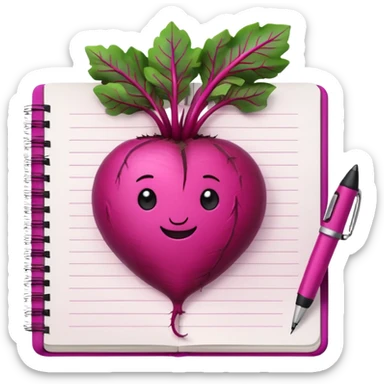 cute drawn beetroot in front of a notebook with a pen resting beside it sticker