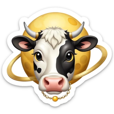 A spotted black and white cow head with Saturn's yellow-beige planet as the body and its iconic rings around the middle sticker